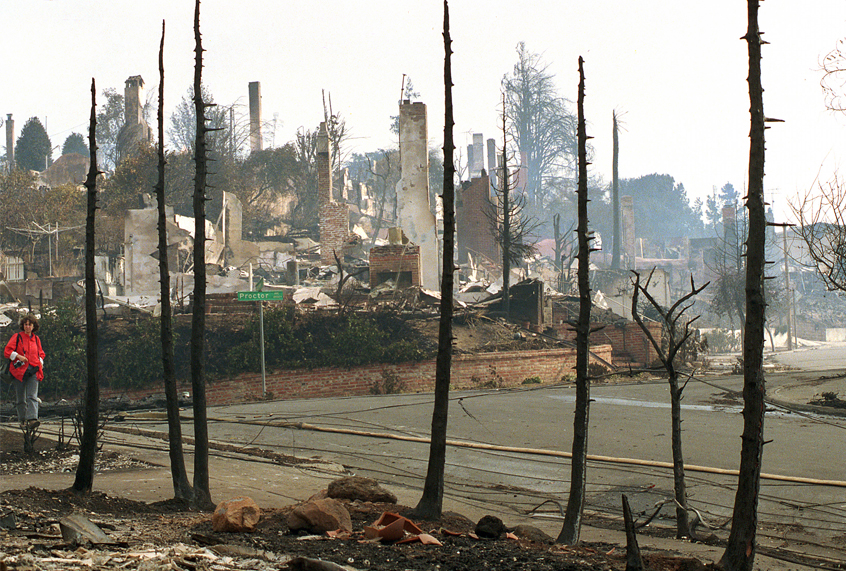Chimneys of homes destroyed in the Oakland Hills by fire, Oct. 22, 1991. (AP/Olga Shalygin)