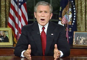 U.S. President George W. Bush makes an address to the nation from the Oval Office at the White House in Washington, September 11, 2006, on the fifth anniversary of the September 11, 2001 attacks. REUTERS/Reuters TV   (UNITED STATES) (Reuters)