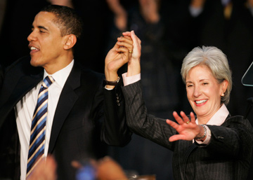 President Obama and Health and Human Services Secretary Kathleen Sebelius