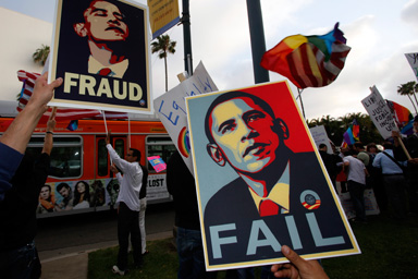 Dozens of gay rights protesters demonstrate outside the Beverly Hills hotel, where U.S. President Barack Obama attended a Democratic Party fundraiser in Beverly Hills, Calif. on Wednesday, May 27, 2009.