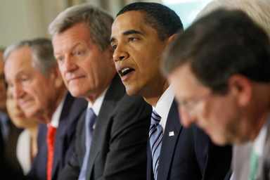 President Barack Obama meets with Senate Democrats to discuss health care, Tuesday, June 2, 2009, in the State Dinning Room at the White House in Washington.