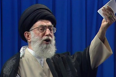 In this image made from video broadcast by Iran's IRIB television, Friday, June 19, 2009, Iran's Supreme Leader Ayatollah Ali Khamenei, makes his address as part of Friday prayers at Tehran University.