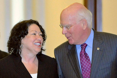 Senate Judiciary Committee Chairman Pat Leahy (D-VT) (right) walks with US Supreme Court nominee Judge Sonia Sotomayor (left) before meeting in his office at the US Capitol in Washington June 2, 2009.