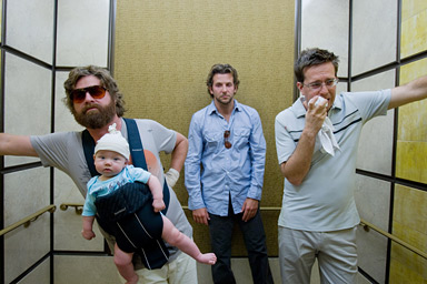 Zach Galifianakis, left, Bradley Cooper, and Ed Helms in "The Hangover."