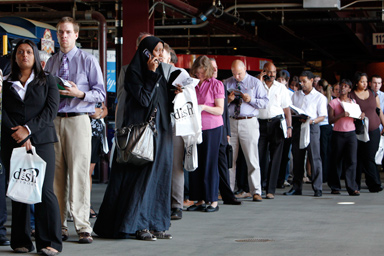 Job seekers are seen at the 6th Annual Grand Slam Career Fair held at Citizens Bank Park in Philadelphia, Wednesday, July 15, 2009.