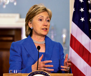 Secretary of State Hillary Rodham Clinton responds to questions during her joint news conference with British Foreign Secretary David Miliband at the State Department in Washington, Wednesday, July 29, 2009.