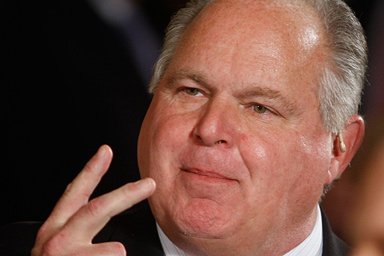 In this Jan. 13, 2009 file photo, conservative talk show host Rush Limbaugh talks with guests in the East Room of the White House in Washington.