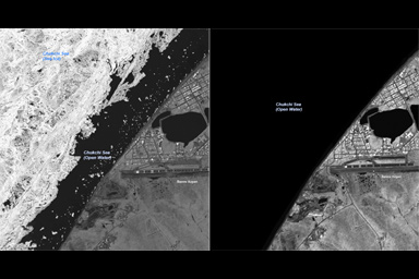 The two images portray changes in the timing of coastal sea ice breakup (information recorded over long periods). Top:</p> July 2006, Chukchi Sea. Bottom: July 2007, Chukchi Sea