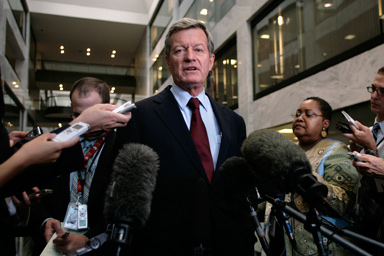 U.S. Senate Finance Committee Chairman Max Baucus (D-MT) talks to the media after the Senate's "Gang of Six" meeting on healthcare reform on Capitol Hill in Washington, September 15, 2009.