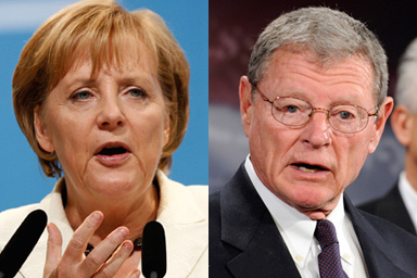Christian Democratic Union (CDU) leader Angela Merkel delivers her speech during an election campaign tour in Hamburg September 18, 2009. Sen. James Inhofe, R-Okla., left, speaks during a news conference on Capitol Hill in Washington, April 22, 2009