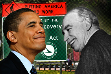 President Barack Obama and John Maynard Keynes. Background: An Ohio Department of Transportation sign near the Interstate 490 and Interstate 77 ramps in Cleveland, on June 8, 2009.