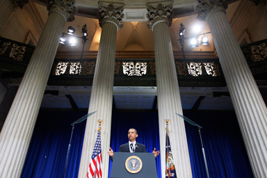 President Barack Obama speaks about the financial crisis, on the anniversary of the Lehman Brothers collapse, Monday, Sept. 14, 2009, at Federal Hall on Wall Street in New York.
