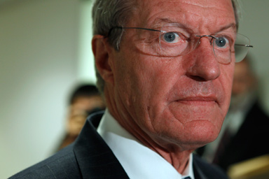 Sen. Max Baucus, D-Mont., talks with reporters after a meeting on health care reform on Tuesday, Sept. 8, 2009 in Washington.