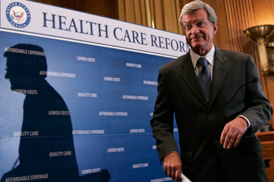 Senate Finance Committee Chairman Sen. Max Baucus, D-Mont., concludes his news conference on health care legislation, Wednesday, Sept. 16, 2009, Capitol Hill in Washington.
