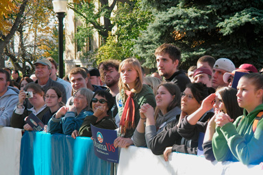 Young voters listen to U.S. Senator Barack Obama (D-IL) at a rally in Cedar Rapids, Iowa, October 29, 2007.