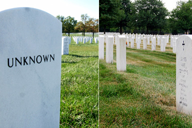 A headstone for an unknown soldier (left) sits in the empty grass spot, <a href="http://salon.com/news/feature/2009/07/21/arlington_secrets/index.html">pictured at right on July 21, 2009</a>.