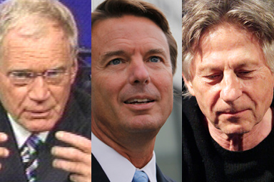 L-R: David Letterman on the "Late Show" Monday Oct. 5, 2009, former Sen. John Edwards , and film director Roman Polanski