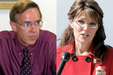 Left: Doug Hoffman, the Conservative Party candidate for New York's 23rd Congressional District, talks with Adirondack Daily Enterprise staff on Oct. 15, 2009. Right: Former Alaska Gov. Sarah Palin