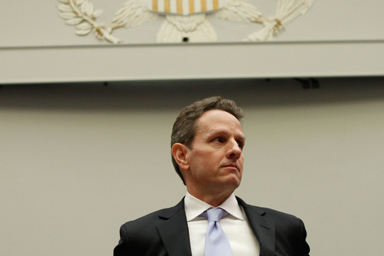 Treasury Secretary Timothy Geithner arrives on Capitol Hill in Washington, Thursday, Oct. 29, 2009, to testify before the House Financial Services Committee.