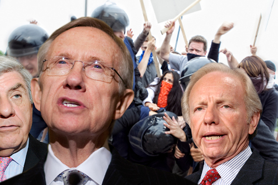 Left to right: Sens. Ben Nelson, Harry Reid and Joe Lieberman