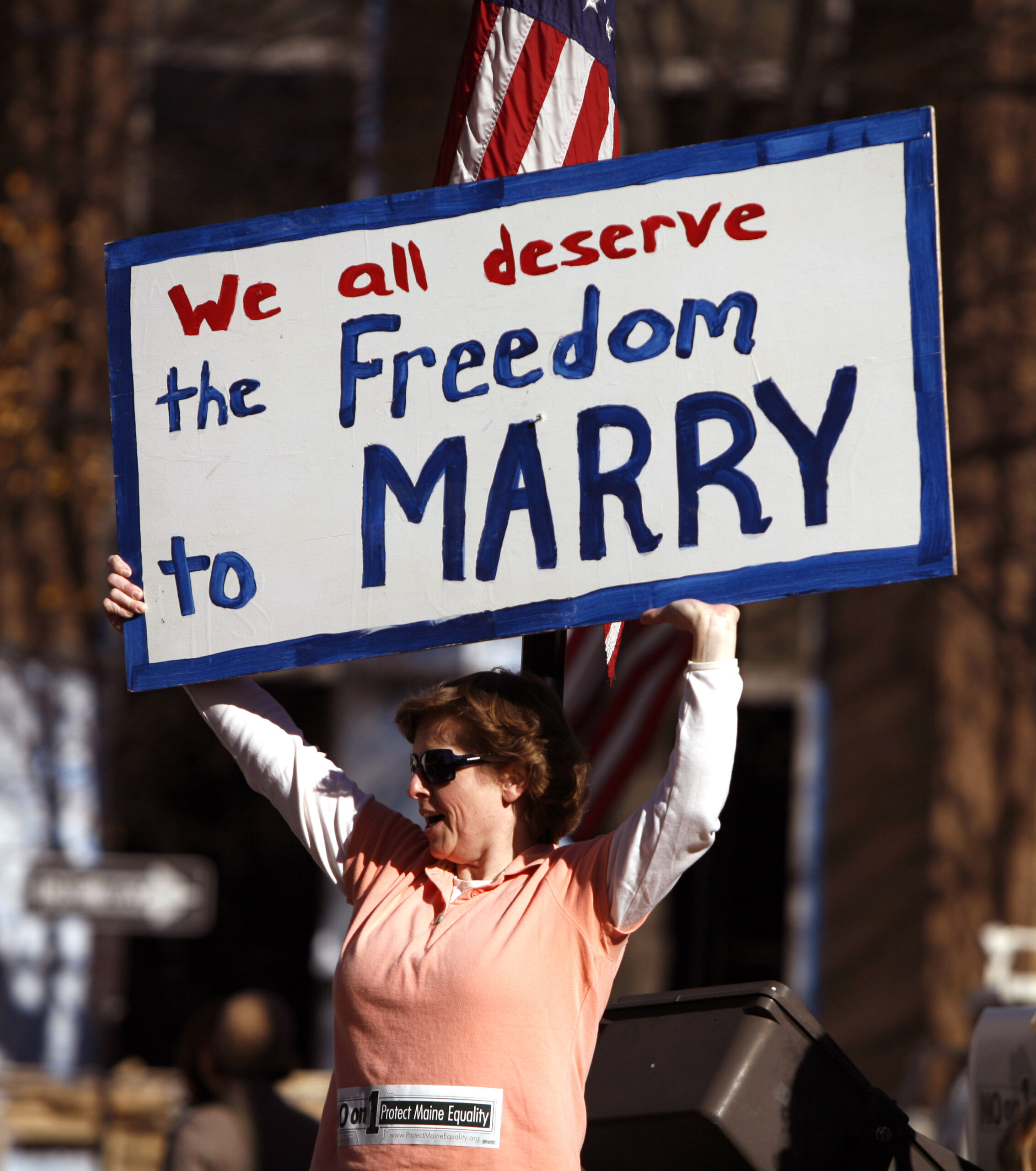People participate in a pro gay marriage rally the day before election day in Portland, Maine, on Monday, Nov. 2, 2009.  Gay marriage legislation  was approved by  Maine's  Legislature earlier in the year however Maine voters go to the polls on Tuesday and  have the opportunity to become the first in the nation to approve gay marriage or vote against it, which would overturn the earlier legislation.(AP Photo/Pat Wellenbach) (Pat Wellenbach)