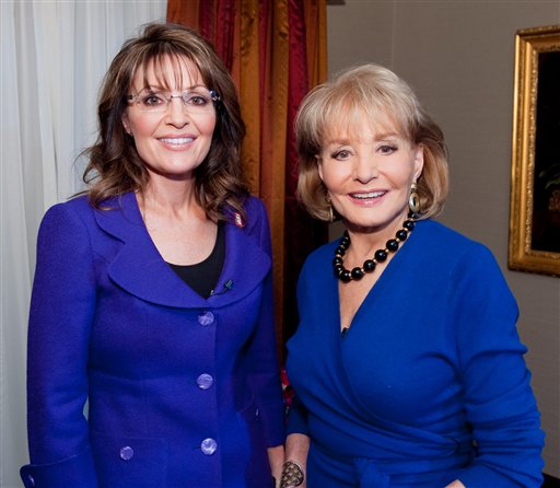In this photo released by ABC, former Alaska Governor and Republican Vice-Presidential candidate Sarah Palin, left, is photographed with ABC's Barbara Walters, at a New York City hotel, Friday, Nov. 13, 2009. Walters' interview with Palin will air in segments starting with "Good Morning America," on Monday, Nov. 17. (AP Photo/ABC, Steve Fenn) ** MAGS OUT; NO SALES ** (AP)