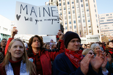 Supporters turn out for a gay-rights rally the day before election day in Portland, Maine, on Monday, Nov. 2, 2009.