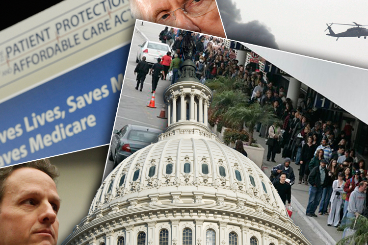 Clockwise, top left: US Senate Majority Leader Harry Reid (D-NV) addresses senate health care legislation at the US Capitol in Washington; a US chopper in Iraq's Green Zone; Holiday travelers wait in line to go through security at Los Angeles International Airport in Los Angeles, Saturday, Dec. 26; Treasury Secretary Timothy Geithner.