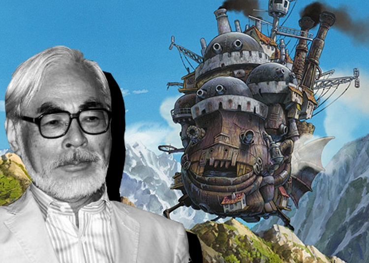 Hayao Miyazaki. Background: A still from "Howl's Moving Castle"