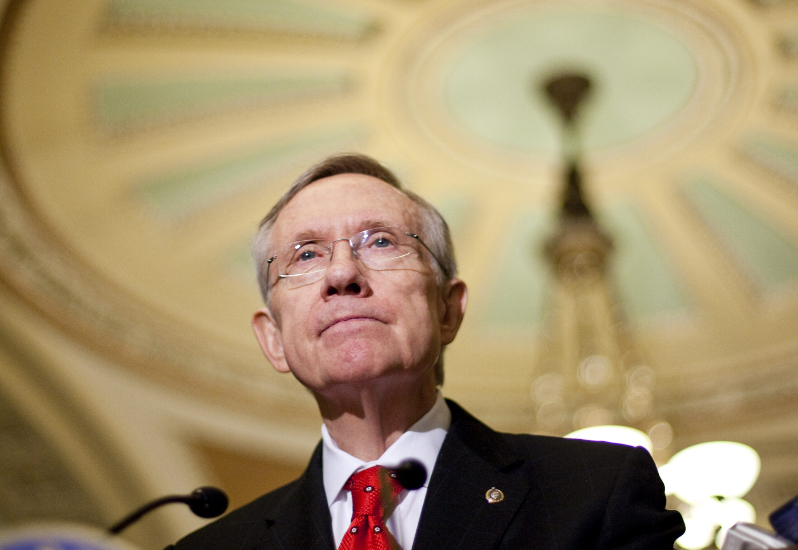 Senate Majority Leader Harry Reid talks to the media after the Senate Democratic caucus that President Barack Obama attended on Capitol Hill in Washington Sunday, Dec. 6, 2009. (AP Photo/Alex Brandon) (Associated Press)