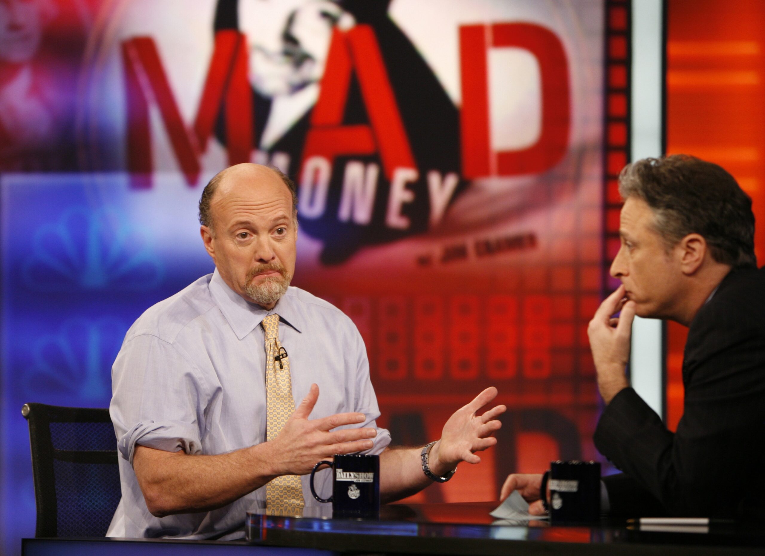 Jim Cramer, left, host of "Mad Money" on CNBC, talks with Jon Stewart during an appearance on Comedy Central's "The Daily Show with Jon Stewart" Thursday, March 12, 2009 in New York.  (AP Photo/Jason DeCrow) (Jason Decrow)