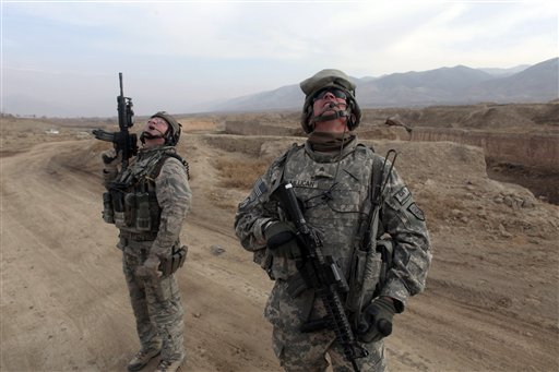 Georgia state National Guardsman, Sgt. Scott A. Millican, right, from Statesboro, GA., and Air Force Techincal Sgt. Phllip M. Huaser from Salina, Kansas, both part of the Counter-Improvised Explosive Device(CIED) route clearance unit look up as US fighter jets fly overhead near the town of Maidan Shar, Wardak province, Afghanistan Monday Nov. 30, 2009. (AP Photo/Dario Lopez-Mills) (AP)