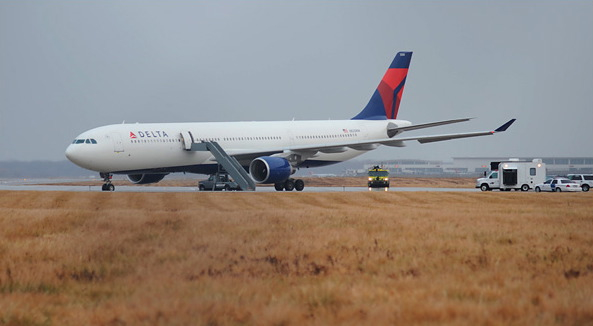 Northwest Airlines Flight 253 on the runway after arriving at Detroit Metropolitan Airport from Amsterdam on Friday.