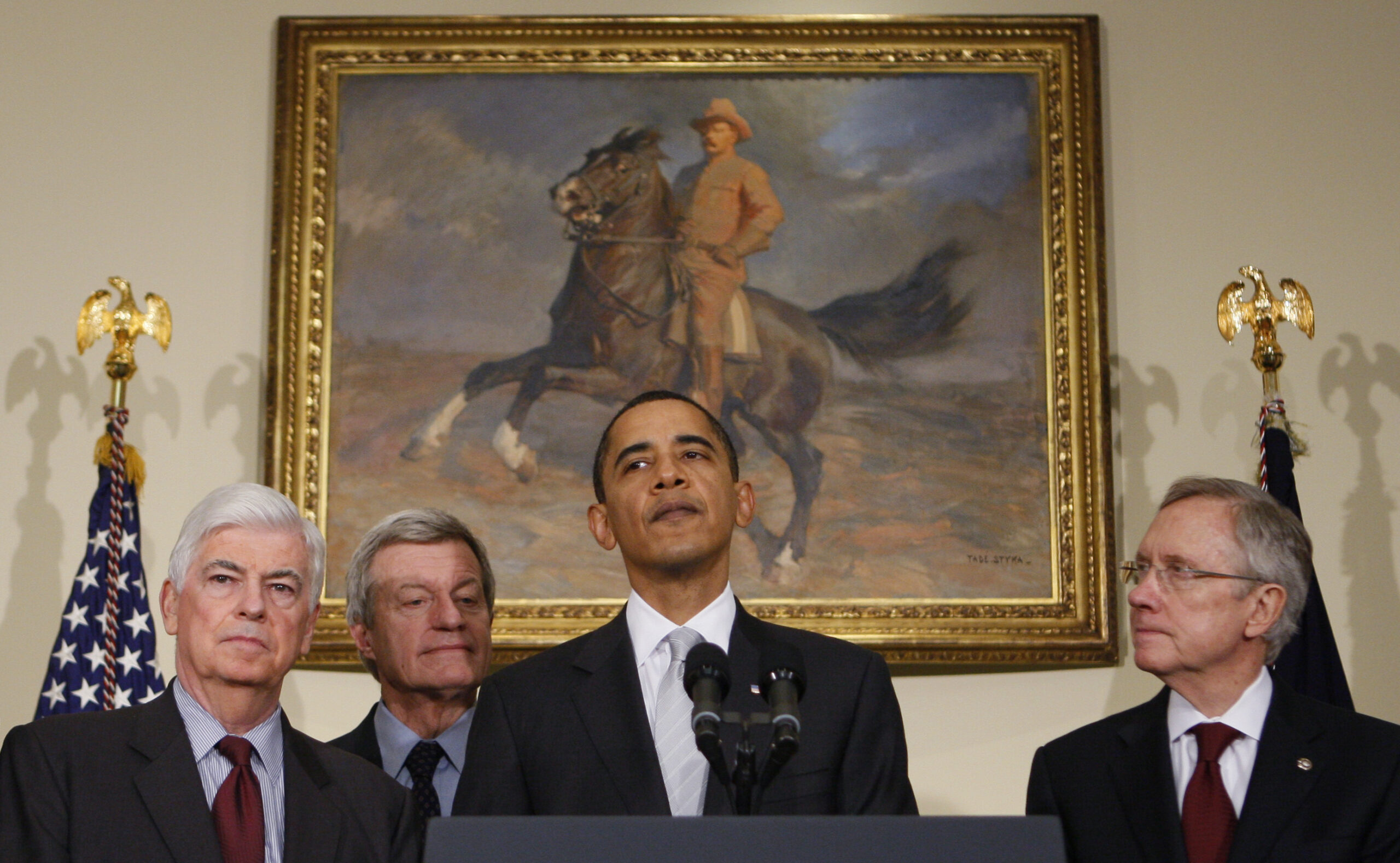President Barack Obama makes a statement on health care reform after meeting with Senators, Tuesday, Dec. 15, 2009, at the White House in Washington. From left are, Senate Banking Committee Chairman Sen. Christopher Dodd, D-Conn.; Senate Finance Committee Chairman Sen. Max Baucus, D-Mont.; the president; and Senate Majority Leader Harry Reid of Nev. (AP Photo/Charles Dharapak) (Associated Press)