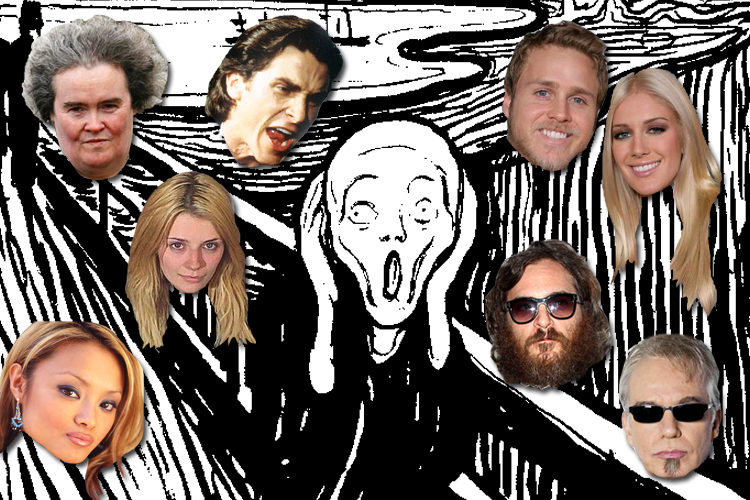 Clockwise, lower left: Tila Tequila, Mischa Barton, Susan Boyle, Christian Bale, Spencer & Heidi Pratt, Joaquin Phoenix, Billy Bob Thornton