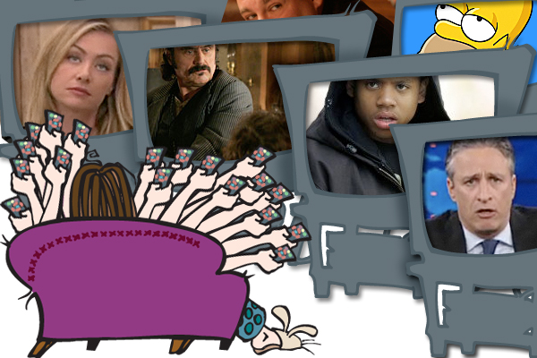 Left to right, foreground: "Arrested Development," "Deadwood," "The Wire," "The Daily Show With Jon Stewart." Background:  "The Sopranos" and "The Simpsons"