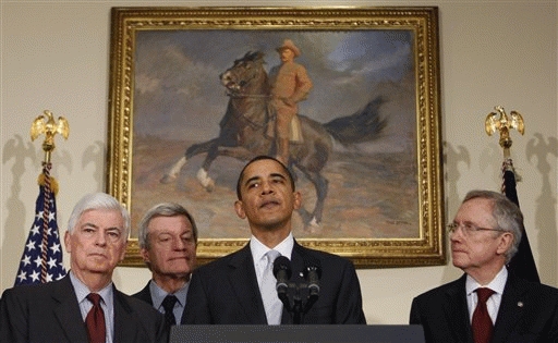President Barack Obama makes a statement on health care reform after meeting with Senators, Tuesday, Dec. 15, 2009, at the White House in Washington. From left are, Senate Banking Committee Chairman Sen. Christopher Dodd, D-Conn.; Senate Finance Committee Chairman Sen. Max Baucus, D-Mont.; the president; and Senate Majority Leader Harry Reid of Nev.