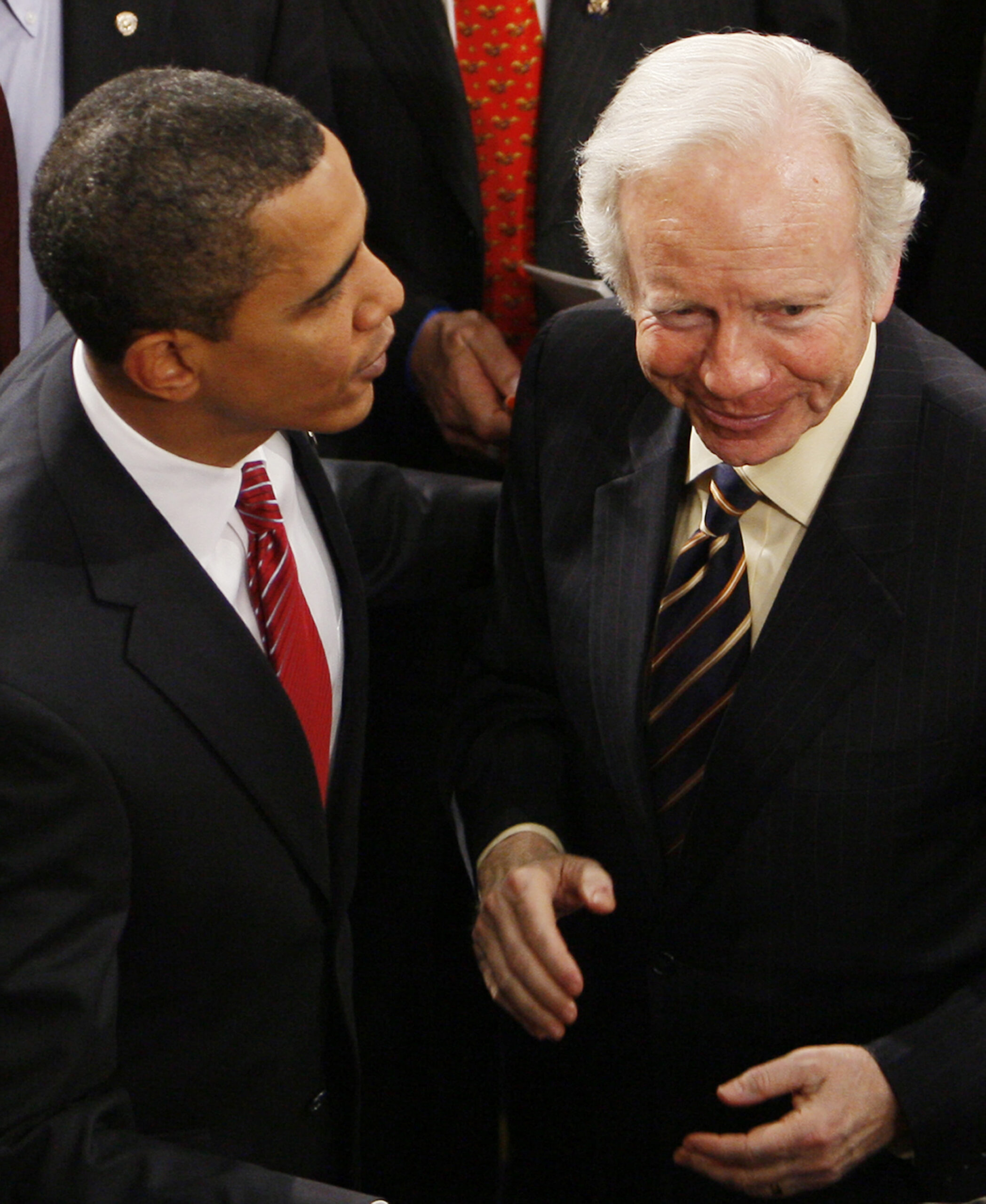 President Barack Obama and Sen. Joe Lieberman, I-Conn., greet each other after Obama's address before a joint session of Congress on Capitol Hill in Washington, Tuesday, Feb. 24, 2009.  Lieberman has changed his tune on Obama. After campaigning for Republican John McCain in 2008 and attacking Obama as naive, Lieberman now in 2009 showers praise on the popular new Democratic president. (AP Photo/Charles Dharapak) (Associated Press)