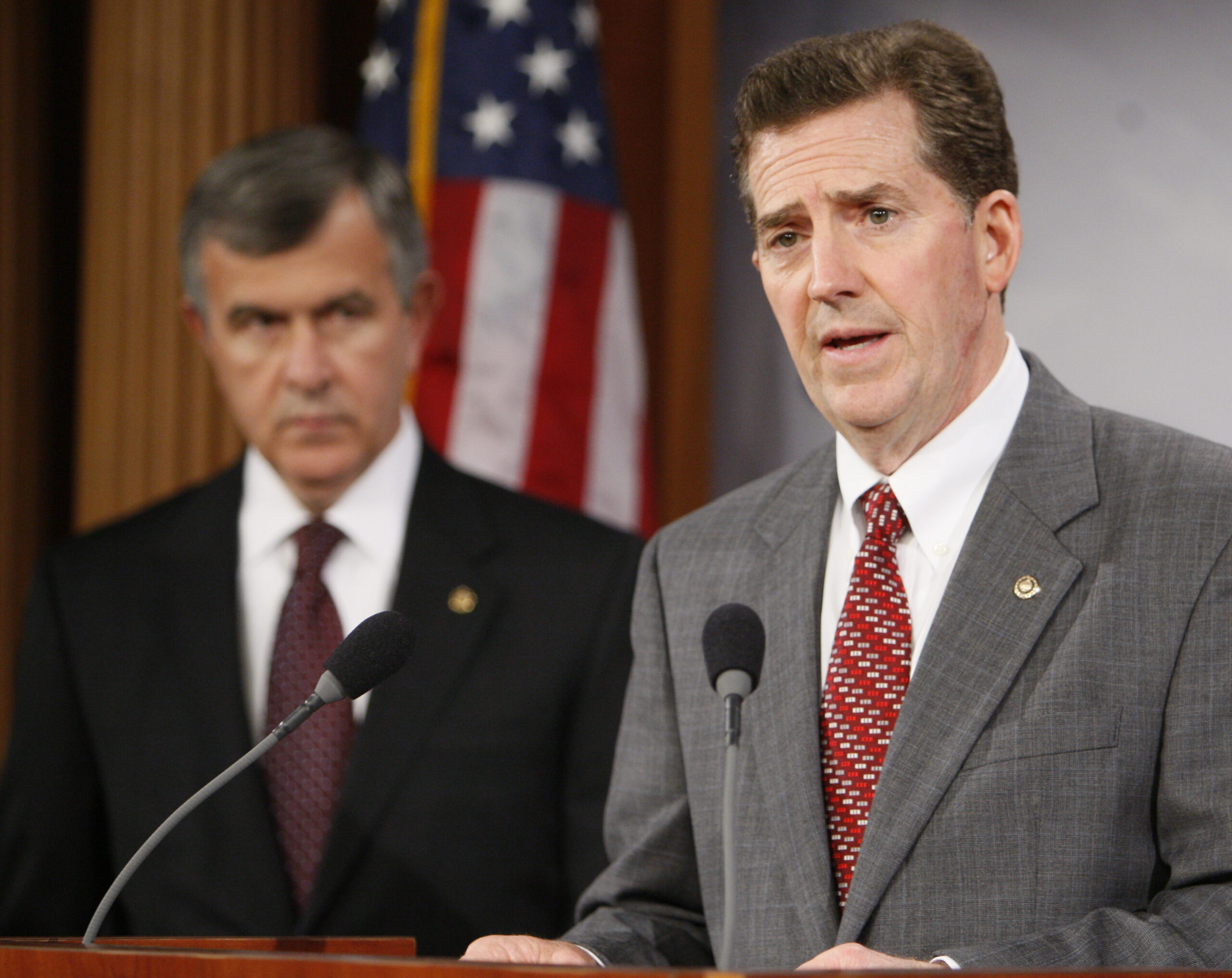 Sen. Jim DeMint, R-S.C., right, speaks about the bankruptcy of General Motors as Sen. Mike Johanns, R-Neb., looks on, Wednesday, June 3, 2009, during a news conference on Capitol Hill in Washington. (AP Photo/Charles Dharapak) (Associated Press)