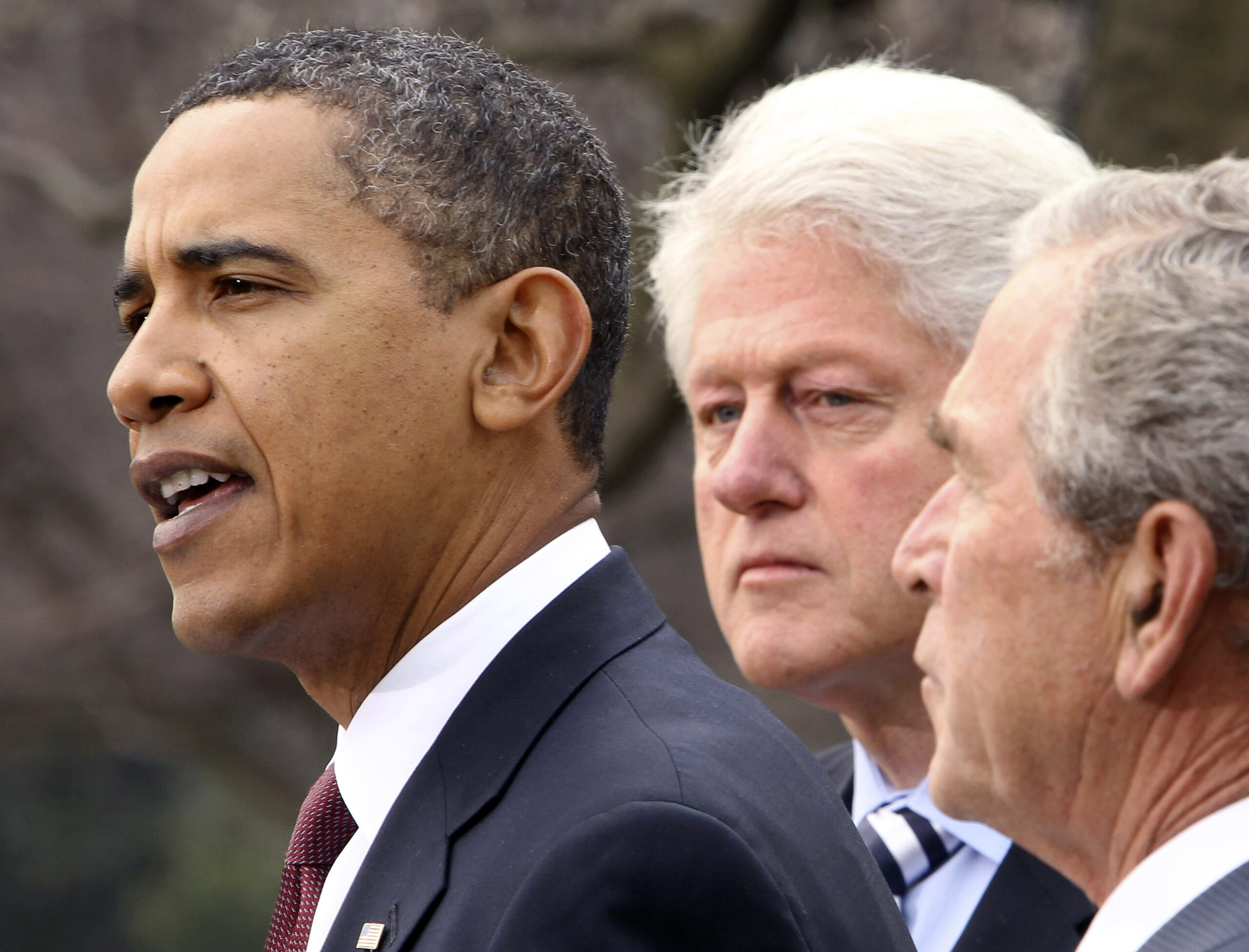 U.S. President Barack Obama (L) is joined by former U.S. Presidents George W. Bush (R) and Bill Clinton in the Rose Garden of the White House in Washington while speaking about disaster aid to Haiti January 16, 2010.         REUTERS/Larry Downing  (UNITED STATES - Tags: POLITICS DISASTER) (Reuters)