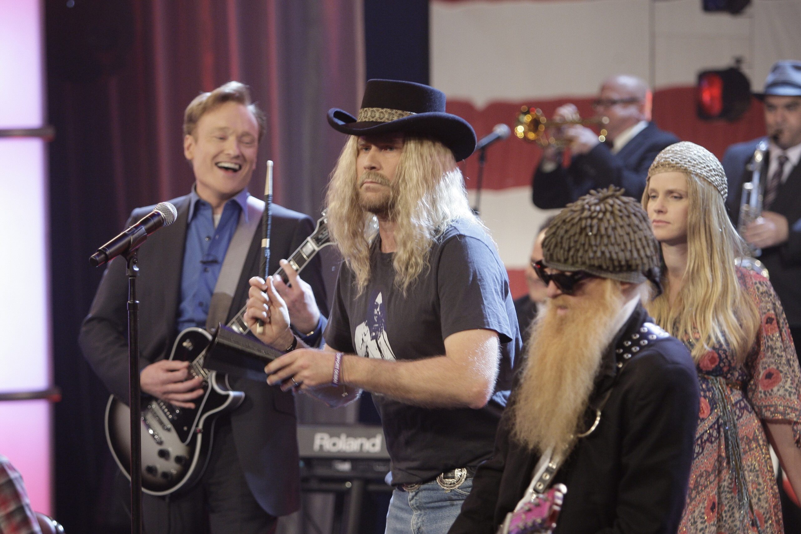 THE TONIGHT SHOW WITH CONAN O'BRIEN -- Episode 145 -- 01/22/2010 -- Pictured: (l-r) Host Conan O'Brien with Actor Will Ferrell, ZZ Top performing on January 22, 2010 (Photo by: Paul Drinkwater/NBCU Photo Bank via AP Images) (Associated Press)
