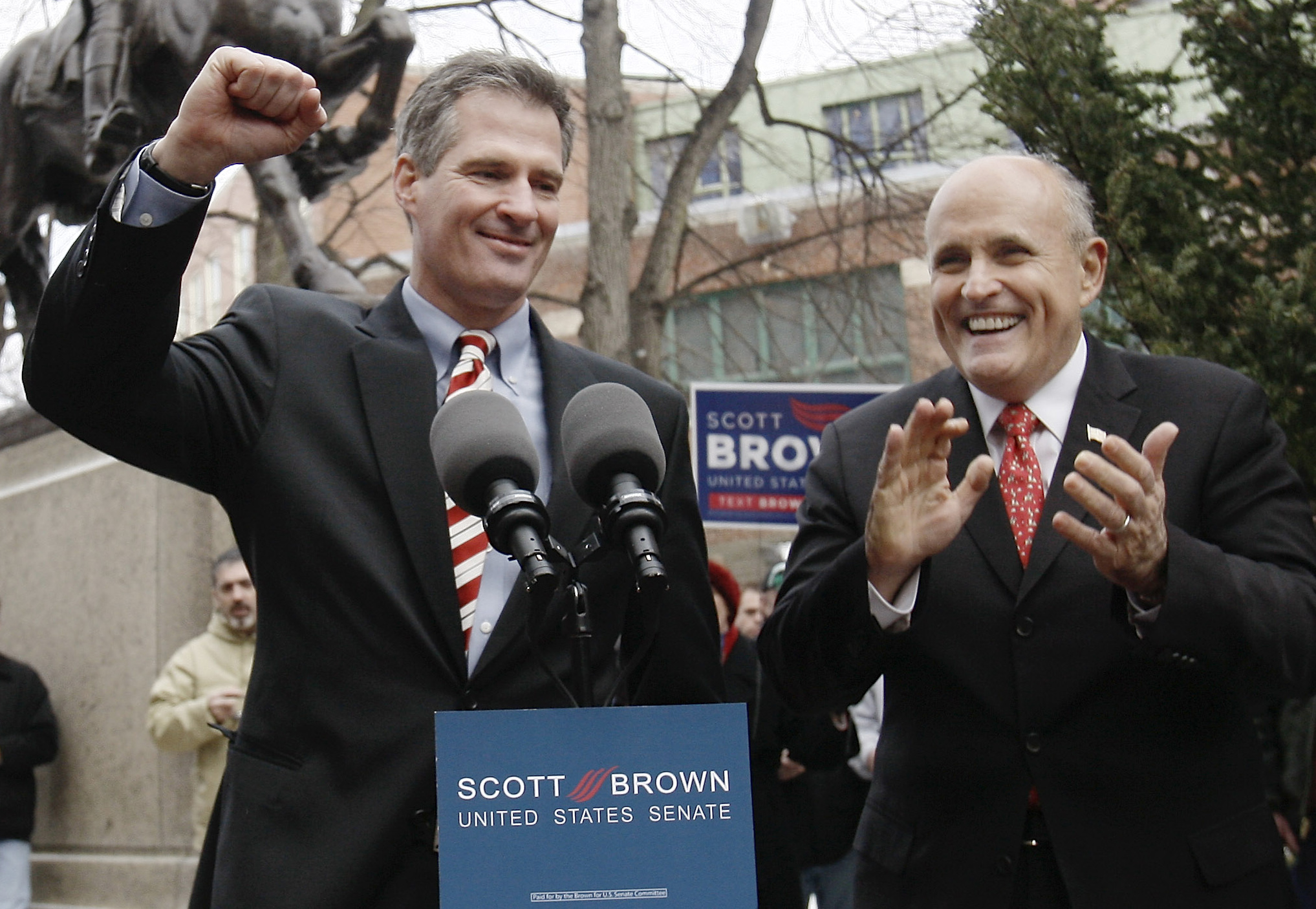 Former New York Mayor Rudolph Giuliani campaigns with Massachusetts State Senator Scott Brown, R-Wrentham in Boston, Friday, Jan. 15, 2010. Brown is on the ballot of the Tuesday, Jan. 19, 2010, special election to fill the U.S. Senate seat left vacant by the death of Sen. Edward M. Kennedy, D-Mass.  (AP Photo/Winslow Townson) (Winslow Townson)