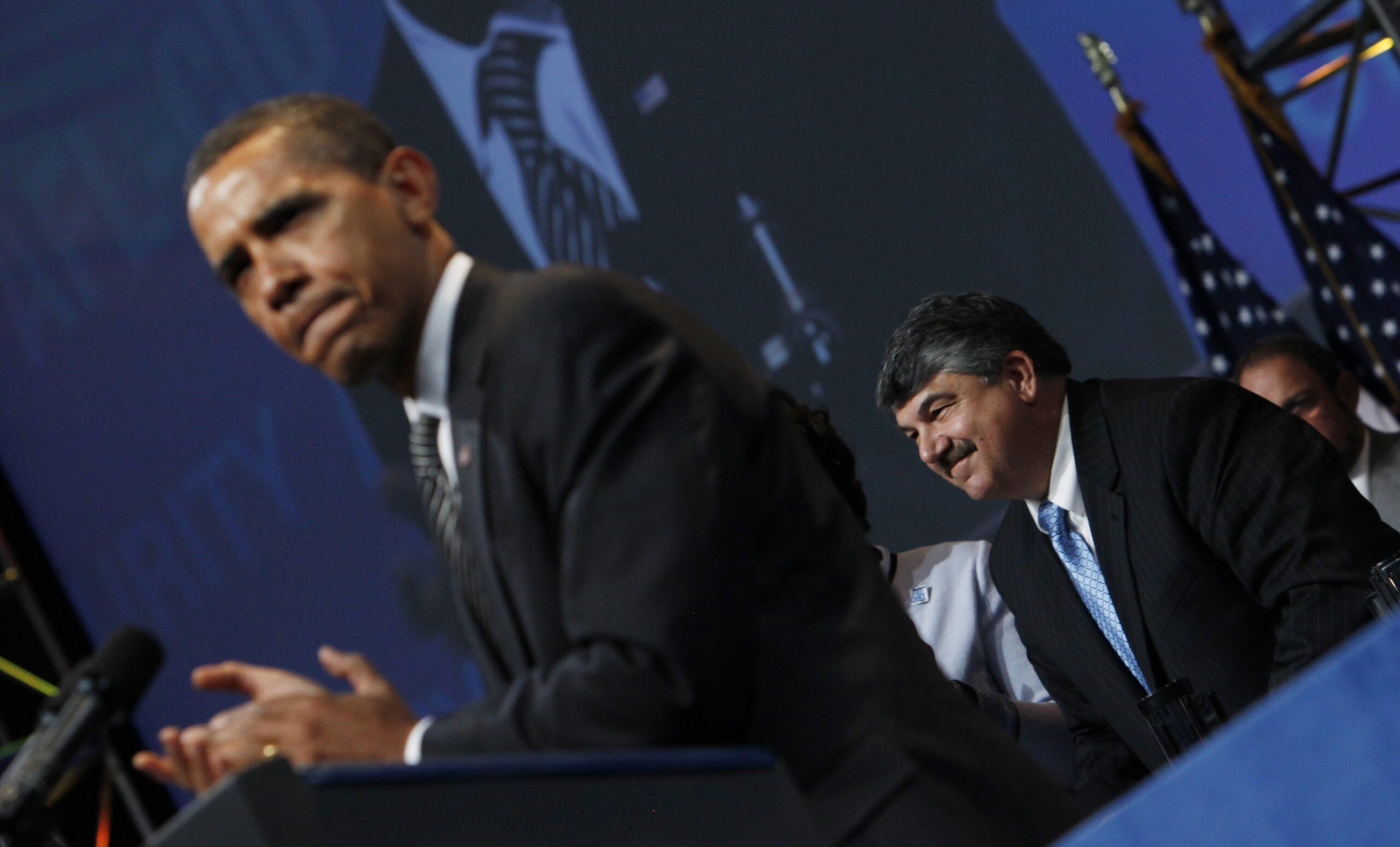 President Barack Obama acknowledges AFL-CIO Secretary-Treasurer Richard Trumka, right,as he addresses the AFL-CIO, Tuesday, Sept. 15, 2009, at the David L. Lawrence Convention Center in Pittsburgh. (AP Photo/Charles Dharapak) (Associated Press)