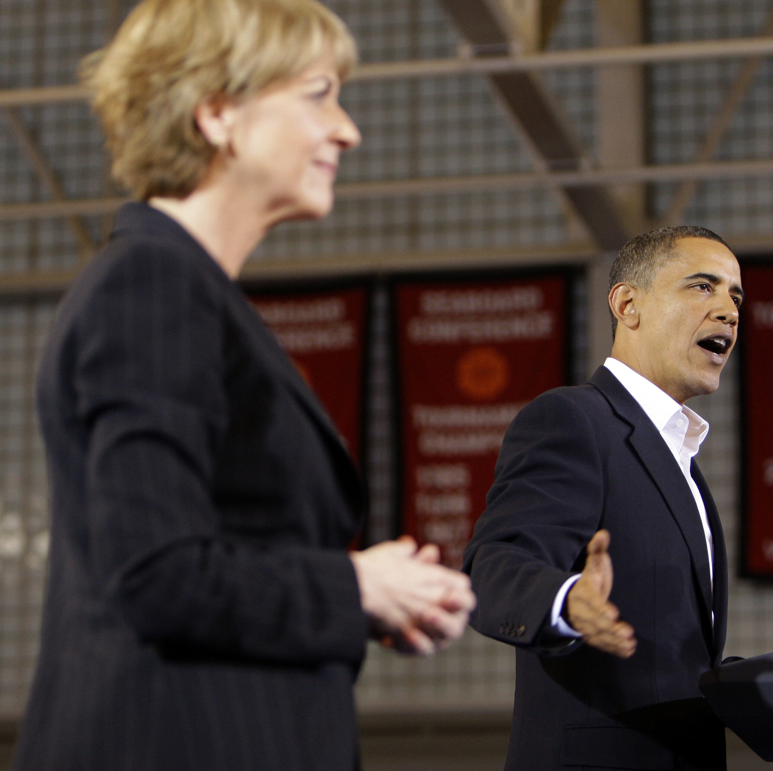 President Barack Obama speaks at a campaign stop for Democratic senate candidate, Massachusetts Attorney General Martha Coakley, left, at Northeastern University in Boston, Sunday, Jan. 17, 2010.(AP Photo/Alex Brandon) (Associated Press)