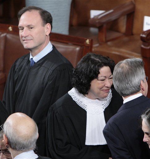 Supreme Court Justice Samuel Alito, left, and Sonia Sotomayor, center, are seen on Capitol Hill in Washington, Wednesday, Jan. 27, 2010, prior to President Barack Obama's State of the Union address . (AP Photo/Pablo Martinez Monsivais) (AP)