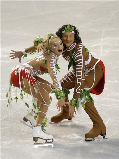 Russia's Oksana Domnina, left, and Maxim Shabalin, right, perform their original dance at the ISU European figure skating championships in Tallinn, Estonia, Thursday, Jan. 21, 2010. (AP Photo/Ivan Sekretarev) (AP)