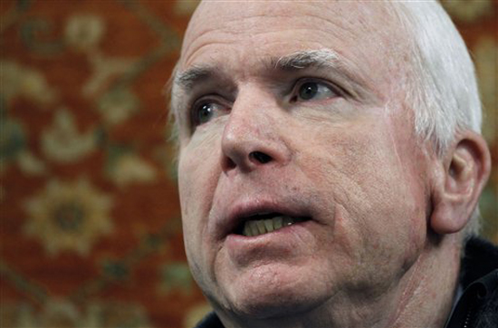 U.S. senator John McCain speaks during a press conference at the U.S. Embassy in Kabul, Afghanistan, Thursday, Jan. 7, 2010. Joseph Lieberman and McCain, U.S. senators visiting Afghanistan, say that American drone strikes just over the border in Pakistan are critical in defeating terrorists in the region.  (AP Photo/Musadeq Sadeq) (Musadeq Sadeq)