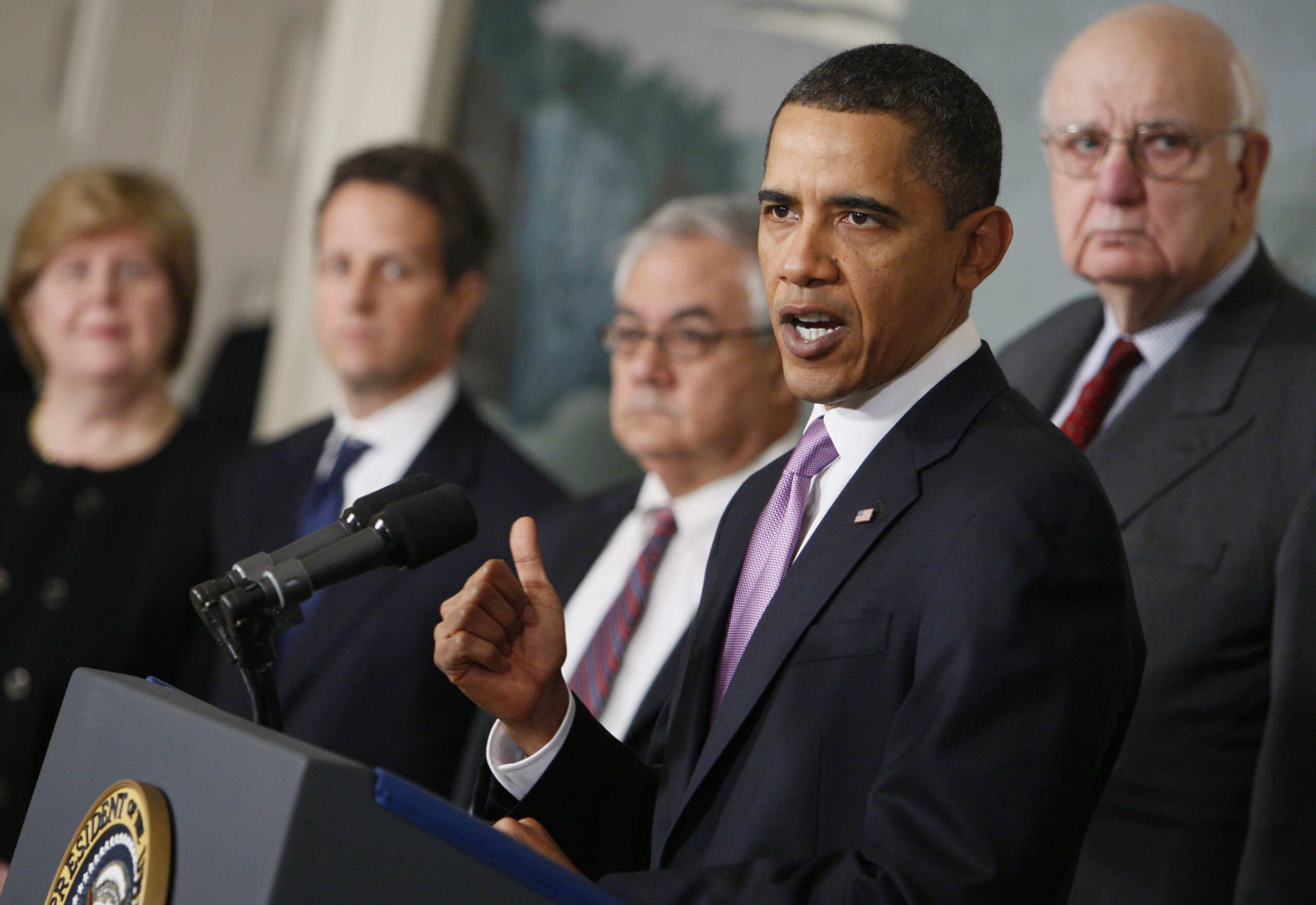 President Barack Obama speaks about financial reform, Thursday, Jan. 21, 2010, at the White House in Washington. From left are, Council of Economic Advisers Chair Christina Romer, Treasury Secretary Timothy Geithner, House  Financial Services Committee Chairman Rep. Barney Frank, D-Mass., the president and Economic Recovery Advisory Board chair Paul Volcker.  (AP Photo/Charles Dharapak) (Associated Press)