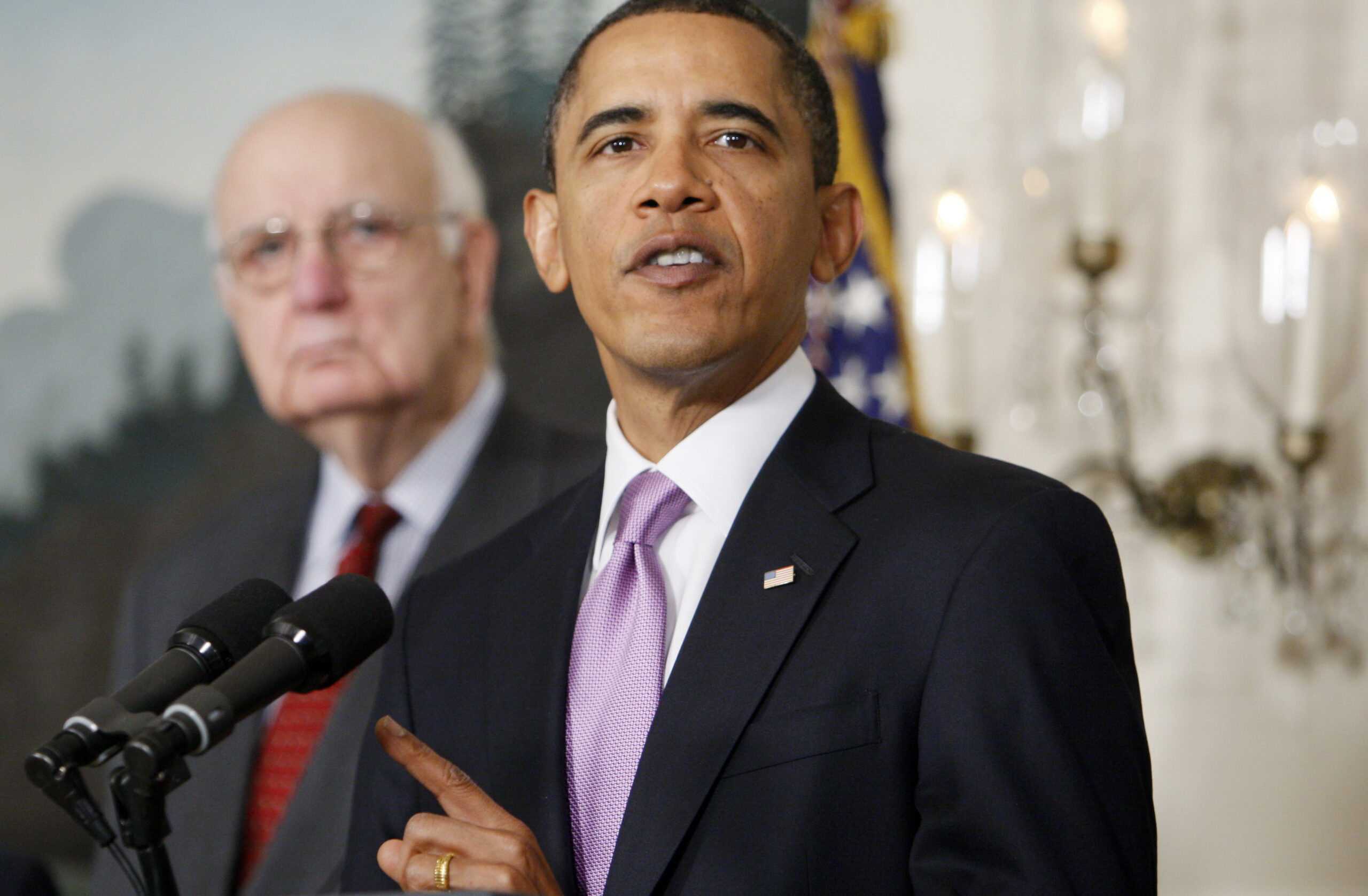 Economic Recovery Advisory Board Chair Paul Volcker looks on at left as President Barack Obama speaks about financial reform, Thursday, Jan. 21, 2010, at the White House in Washington. (AP Photo/Charles Dharapak) (Associated Press)