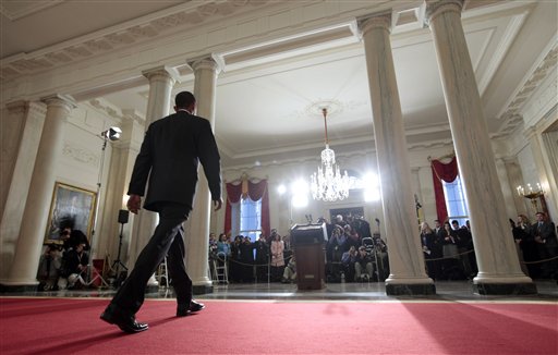 President Barack Obama walks towards the podium to speak about plans to thwart future terrorist attacks after an alleged terrorist attempt to destroy a Detroit-bound U.S. airliner on Christmas Day, Tuesday, Jan. 5, 2010, at the White House in Washington. (AP Photo/Charles Dharapak) (AP)